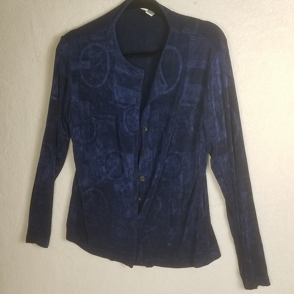 Chico's Design Button Front Top Womens Size 2 Navy Blue Excellent Jacquard Art
